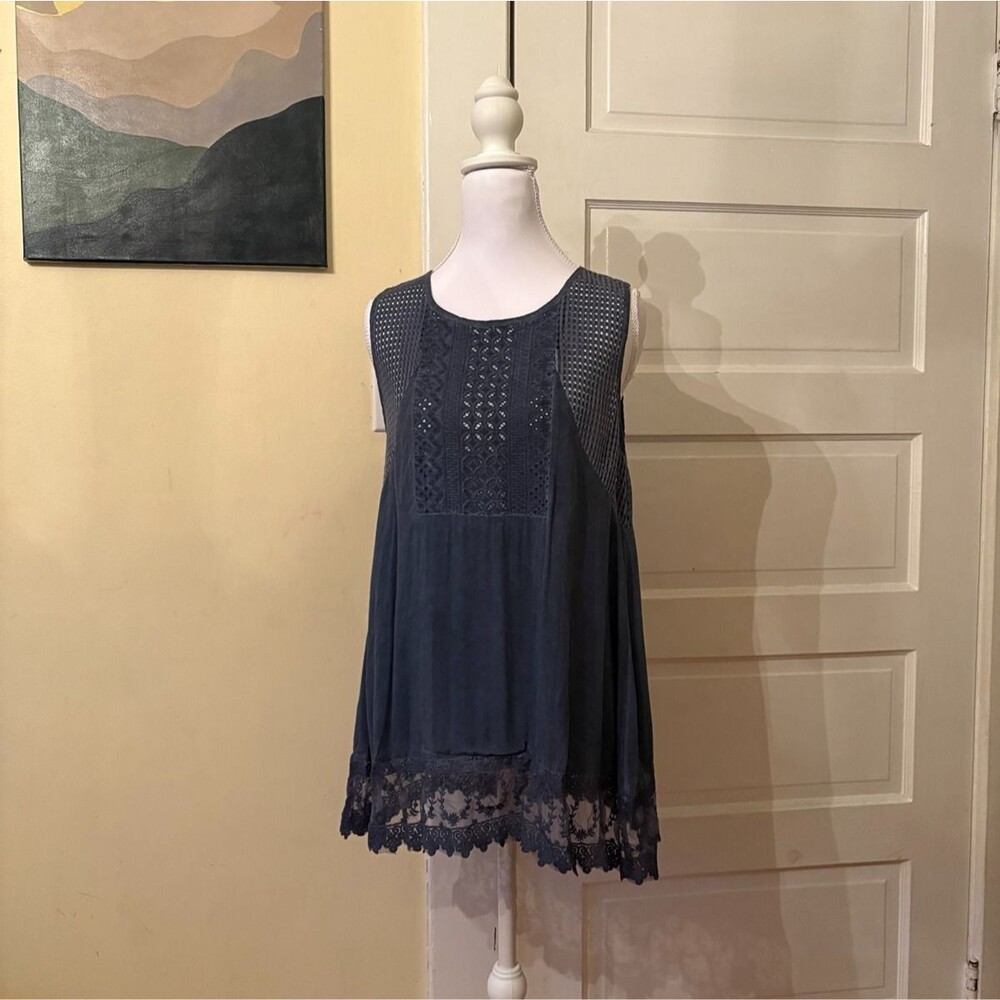 Woman's lacy wide strap tank top Agnes & Dora distressed denim blue eyelet hole